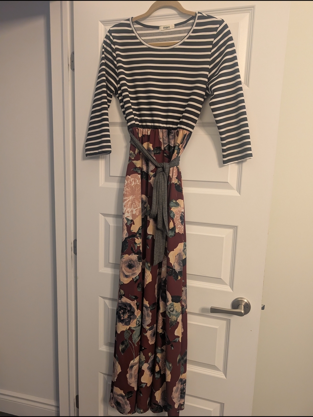 Striped Top Floral Maxi Dress - Gray/White & Burgundy Floral